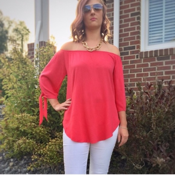 Coral Off the Shoulder top - Picture 2 of 7